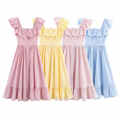 Single breasted striped ruffle edge waist cinched dress