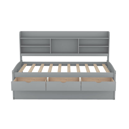 Twin Size Wooden Captain Bed with Built-in Bookshelves,Three Storage Drawers and Trundle Light Grey
