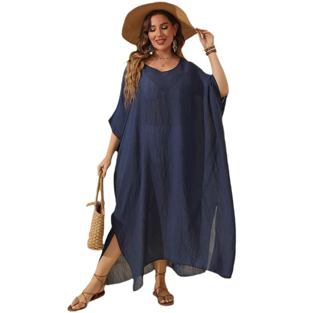 Plus Size Women's Solid Color Loose Beach Vacation Split Floor-Length Dress