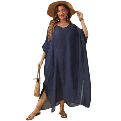 Plus Size Women's Solid Color Loose Beach Vacation Split Floor-Length Dress
