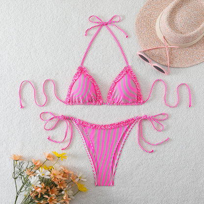 Solid color lace up striped swimsuit