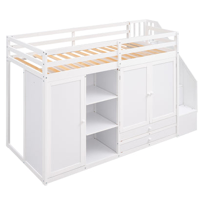 Functional Loft Bed with 3 Shelves, 2 Wardrobes and 2 Drawers, Ladder with Storage, No Box Spring Needed, White