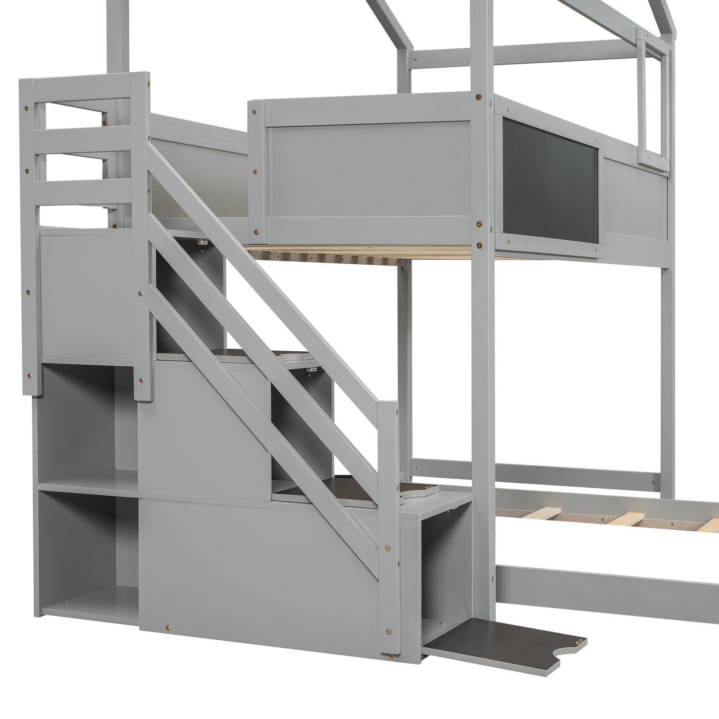 Twin over Full House Bunk Bed with Storage Staircase and Blackboard Gray