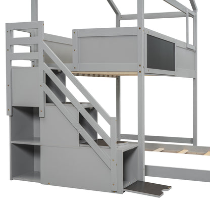 Twin over Full House Bunk Bed with Storage Staircase and Blackboard Gray