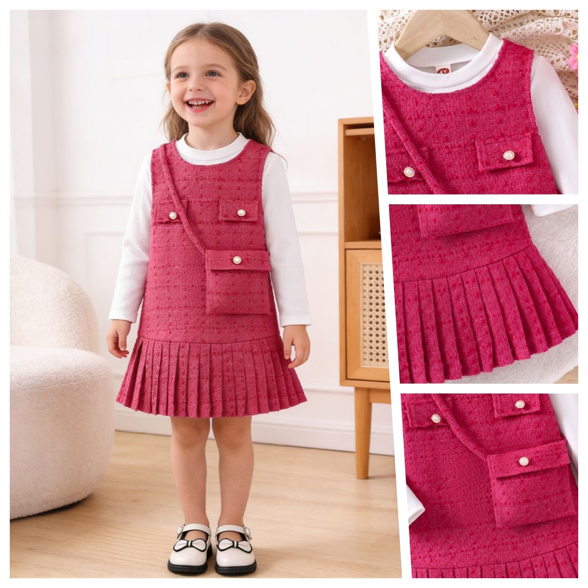 Long sleeved with pink dress and shoulder bag set