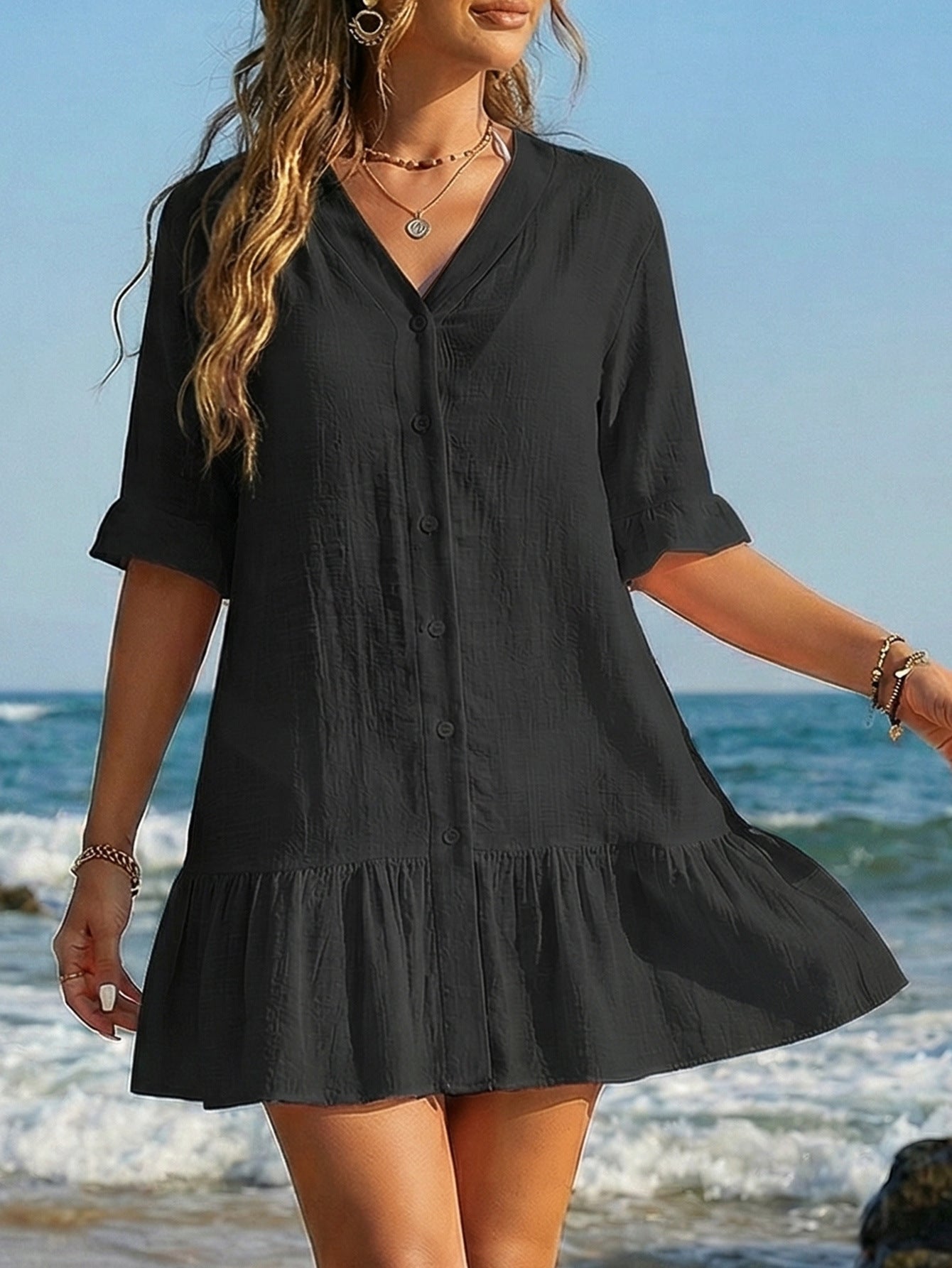 Lady Beach Cover-Up V-Neck Ruffle Button Front Casual Vacation smock Dress