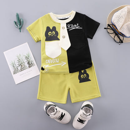 Two piece set of round neck shirt with patchwork short sleeves