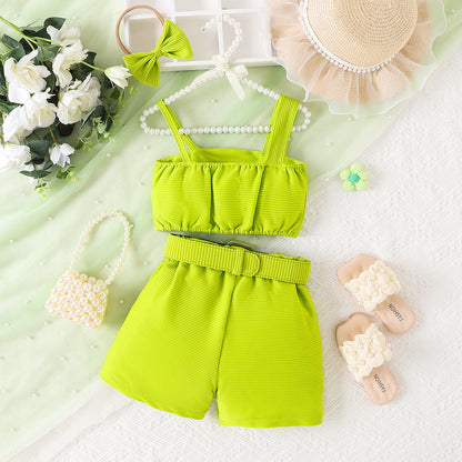 Strap top shorts waist belt hair accessory set