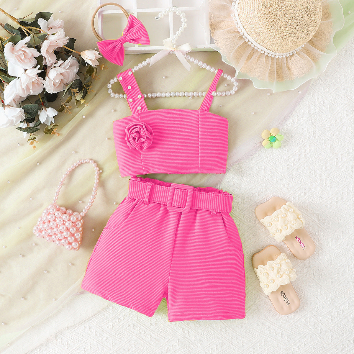 Strap top shorts waist belt hair accessory set