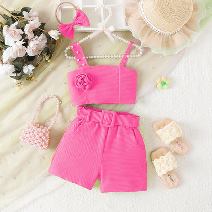 Strap top shorts waist belt hair accessory set