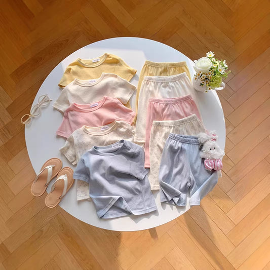 Children's Summer Sleepwear Set, Girls' Lightweight Short Sleeve and Shorts Breathable Cotton Pajamas, Baby Air Conditioning Home Wear