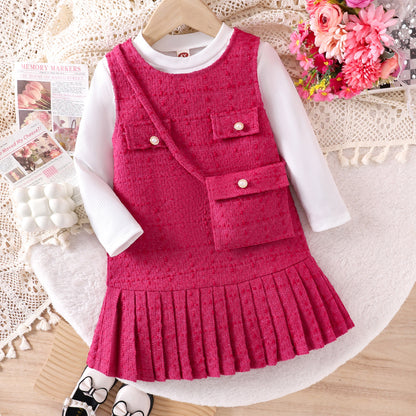 Long sleeved with pink dress and shoulder bag set