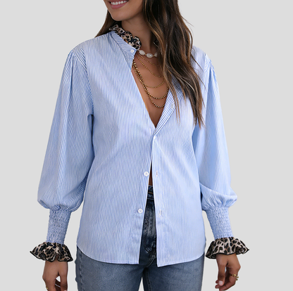 Women's fashionable leopard print lace-trimmed sleeves casual blue and white striped shirt