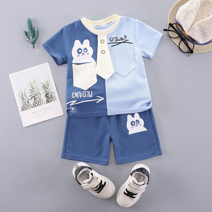 Two piece set of round neck shirt with patchwork short sleeves