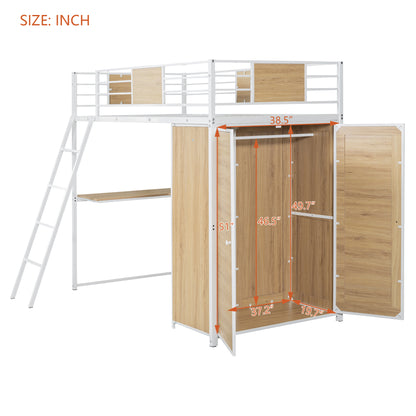 Twin Size Loft bed with L-shape Desk and Wardrobe, White