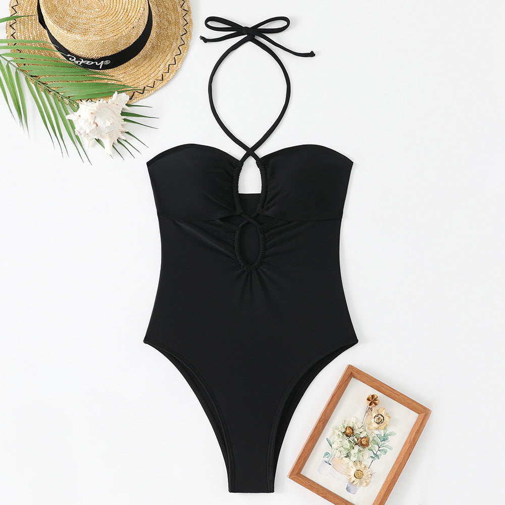 Solid color hollow neck one-piece bikini