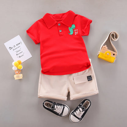 Solid color dinosaur print short sleeved shorts two-piece set