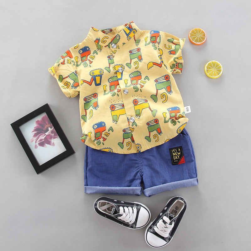 Stand up collar short sleeved shirt shorts two-piece set