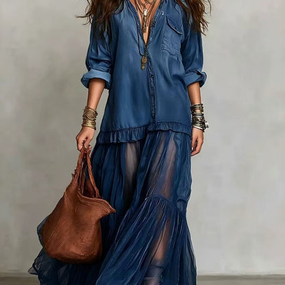 Vintage Denim-like Long Dress Casual Style