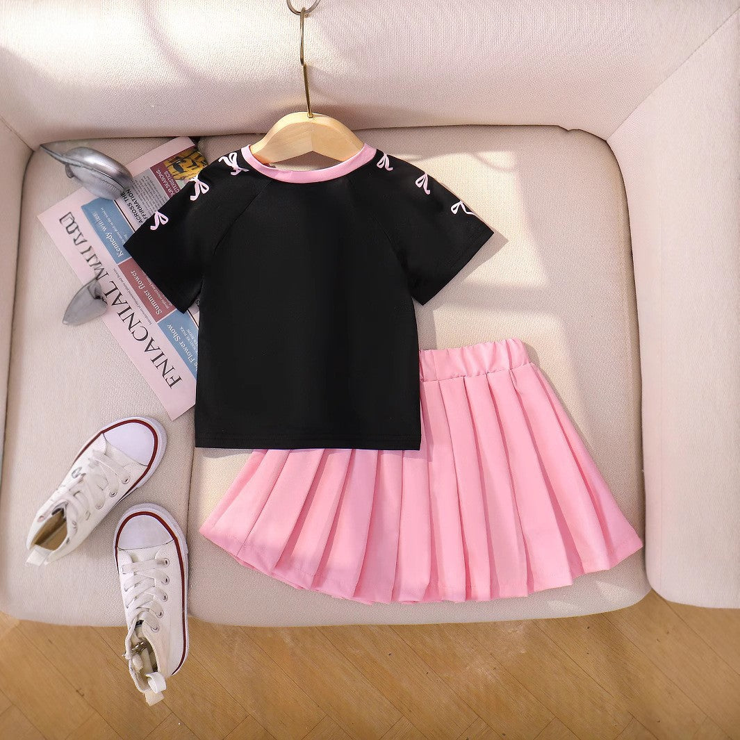 Digital printed short sleeved pleated skirt two-piece set