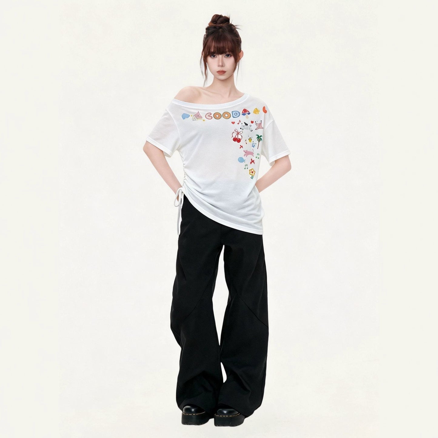 Off-Shoulder Short Sleeve T-Shirt for Women  Cartoon Print Irregular Design Stylish Top