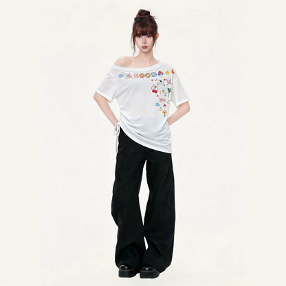 Off-Shoulder Short Sleeve T-Shirt for Women  Cartoon Print Irregular Design Stylish Top