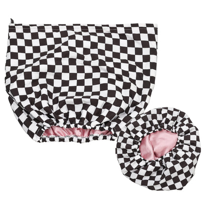 Waterproof Three-Layer Bath Cap with Silk-Like Lining and Checkered Design, Premium Hair Care Cap