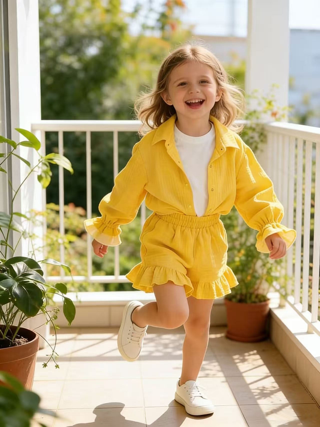 Two piece set of solid color shirt with ruffled shorts