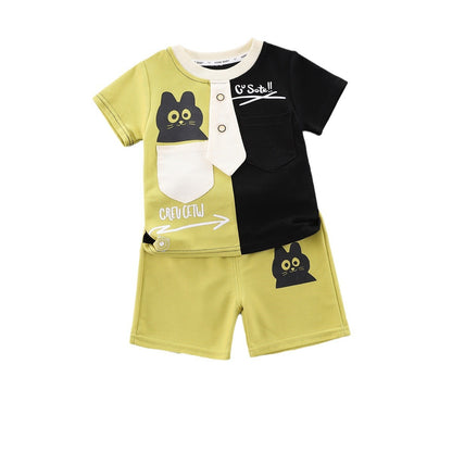 Two piece set of round neck shirt with patchwork short sleeves