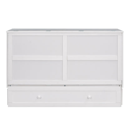 Queen Size Mobile Murphy Bed with Drawer and Little Shelves on Each Side White