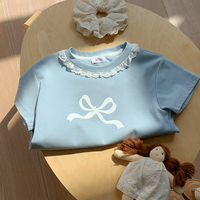Cute Fitted Short Sleeve T-Shirt for Girls with Lace Peter Pan Collar and Bow Summer Fashion Top