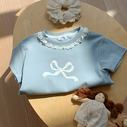 Cute Fitted Short Sleeve T-Shirt for Girls with Lace Peter Pan Collar and Bow Summer Fashion Top