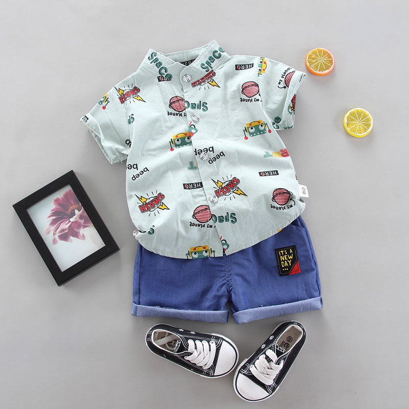 Stand up collar short sleeved shirt shorts two-piece set