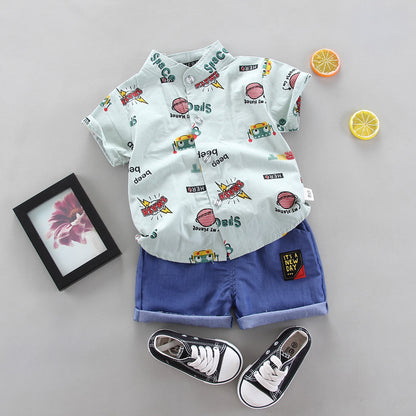 Stand up collar short sleeved shirt shorts two-piece set
