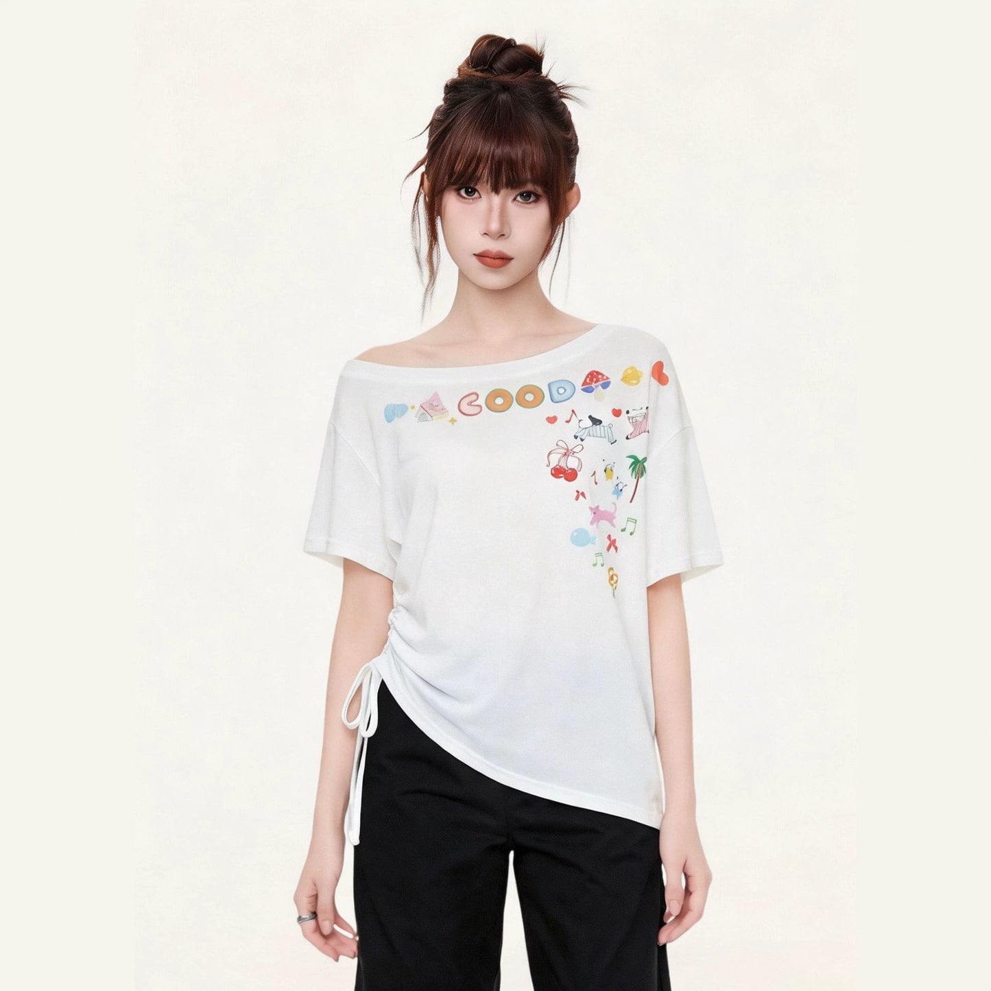 Off-Shoulder Short Sleeve T-Shirt for Women  Cartoon Print Irregular Design Stylish Top
