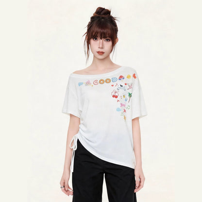 Off-Shoulder Short Sleeve T-Shirt for Women  Cartoon Print Irregular Design Stylish Top