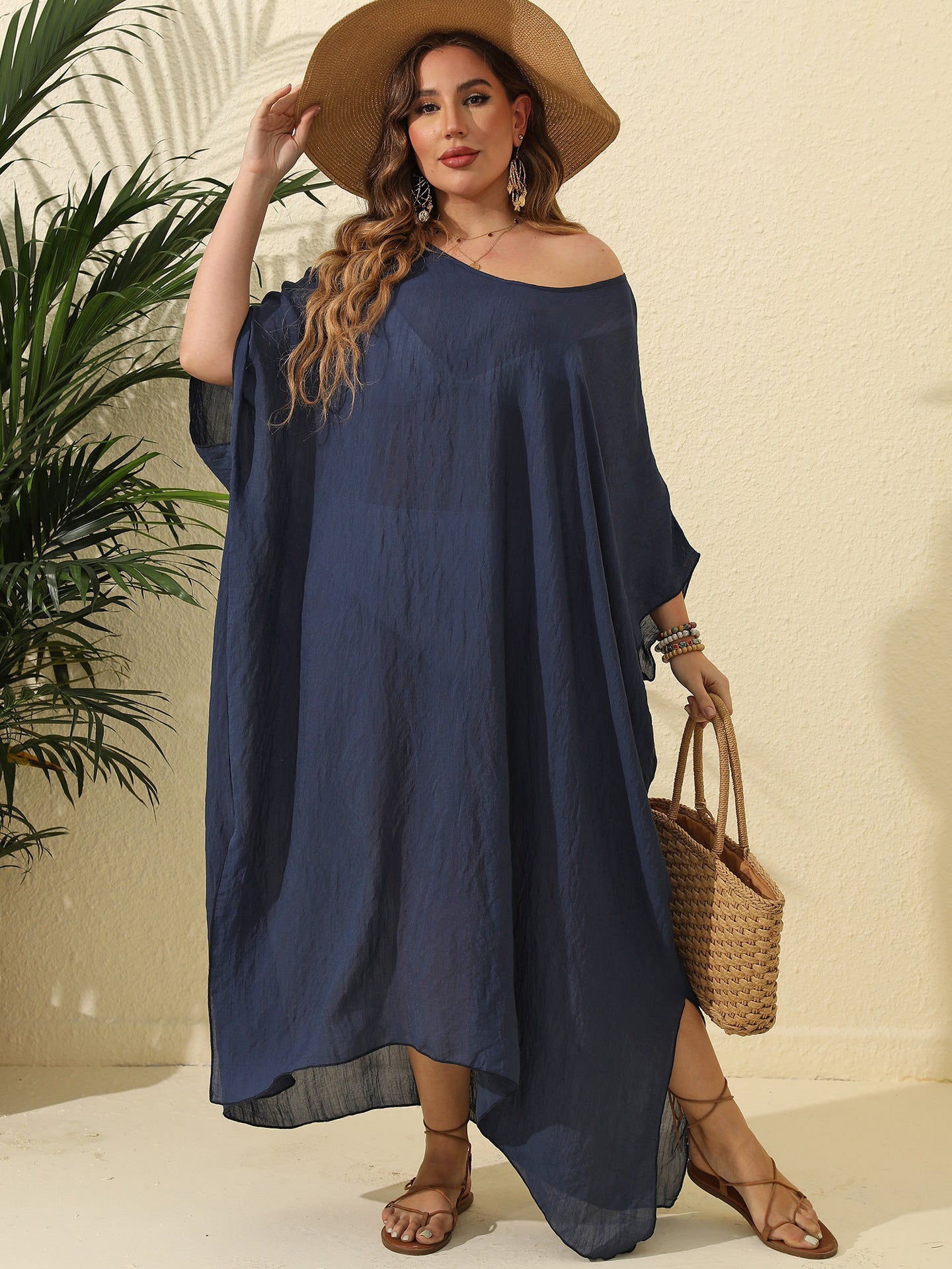 Plus Size Women's Solid Color Loose Beach Vacation Split Floor-Length Dress