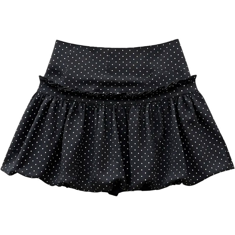 Seasonal Elegant Black Lace Trim Polka Dot Skirt for Women, Petite-Friendly, Side Zipper with Lining