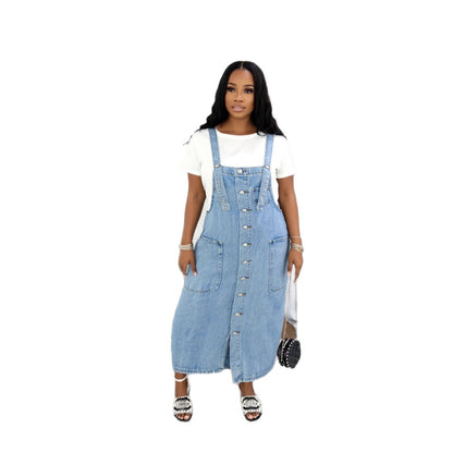 Chic Single-Button Knee-Length Sleeveless Denim Dress with Mid-Length Silhouette