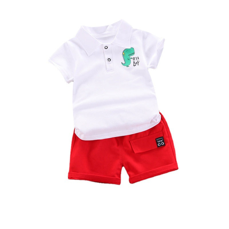 Solid color dinosaur print short sleeved shorts two-piece set
