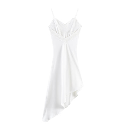 Asymmetric dress with silk and lace patchwork