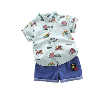 Stand up collar short sleeved shirt shorts two-piece set