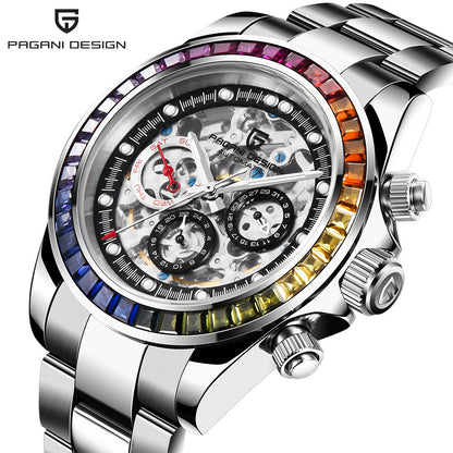 Paganidesign Men's Multifunction Automatic Mechanical Watch with Open Movement and Stainless Steel Case 1653