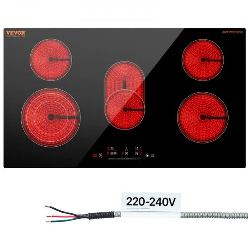 Electric Cooktop, 36 Inch 5 Burners Built-In Electric Stove Top, 8600W Ceramic Top Radiant Cooktop with Glass Panel, Touch Control, Timer, Child Lock, 9 Heat Level, 220-240V, Hard Wire (No Plug)
