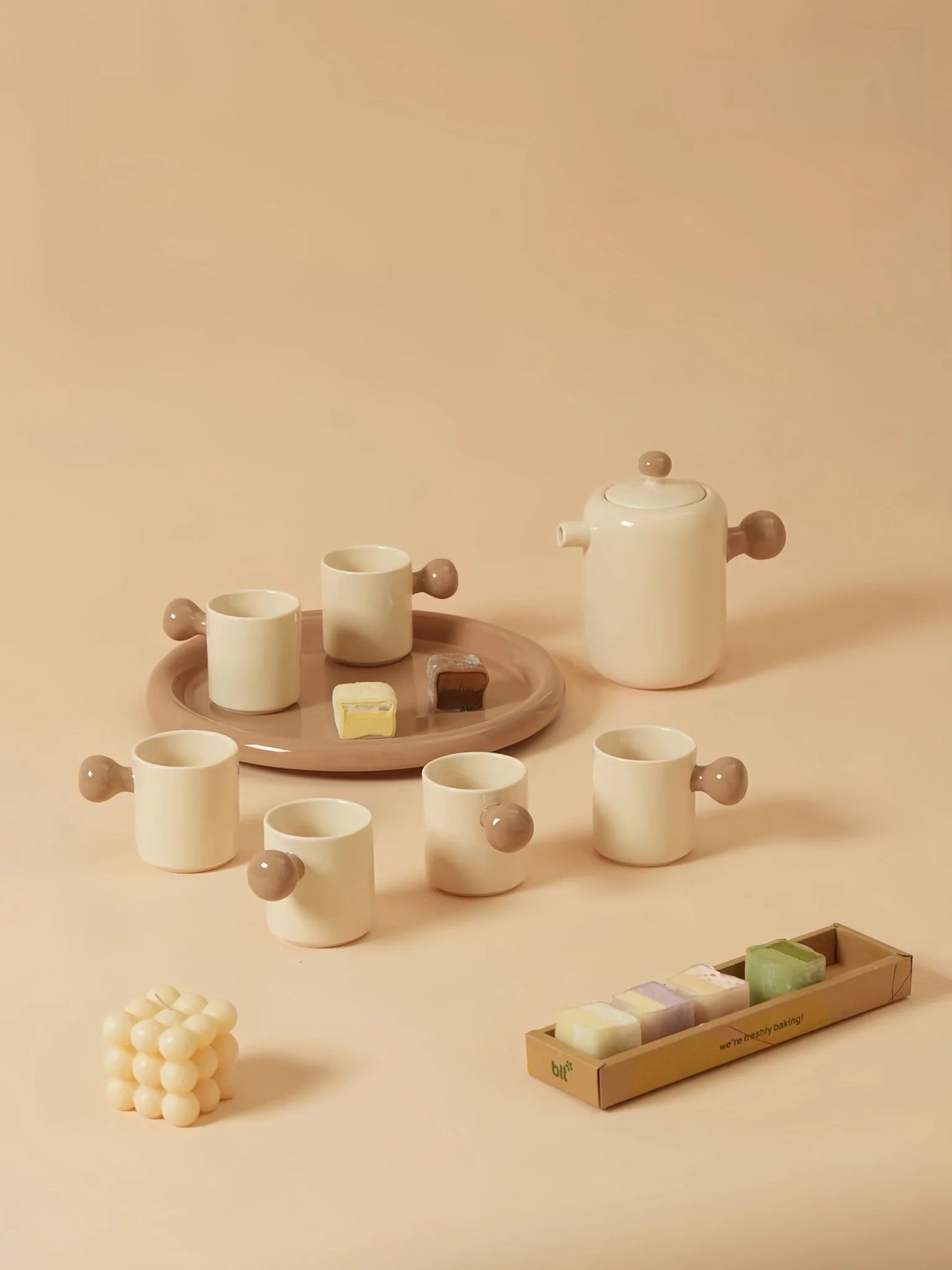 Handmade Cute Whimsical Dopamine Creamy Toffee Tea Pot & Tea Cups Set of 8 Pcs