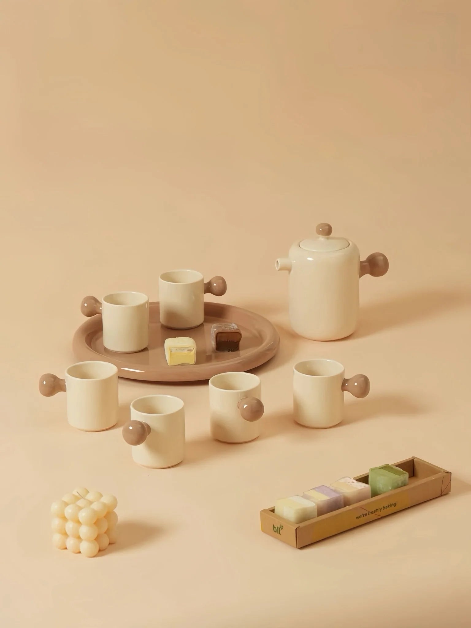 Handmade Cute Whimsical Dopamine Creamy Toffee Tea Pot & Tea Cups Set of 8 Pcs