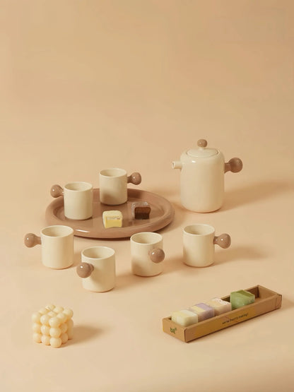 Handmade Cute Whimsical Dopamine Creamy Toffee Tea Pot & Tea Cups Set of 8 Pcs