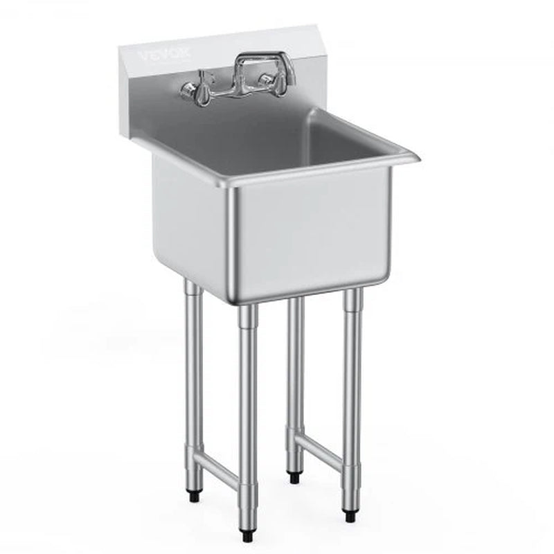 Stainless Steel Prep & Utility Sink, 1 Compartment Free Standing Small Sink Include Faucet & Legs, 18'X41' Commercial Single Bowl Sinks for Garage, Restaurant, Kitchen, Laundry