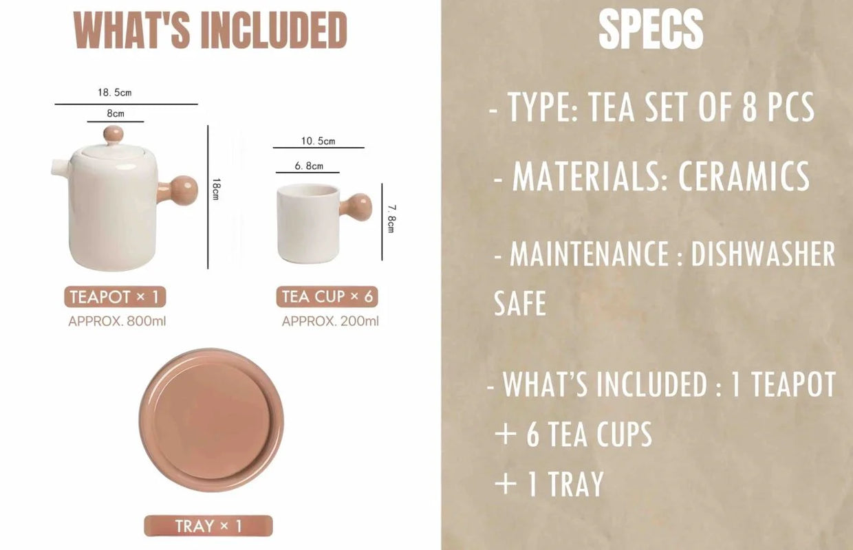 Handmade Cute Whimsical Dopamine Creamy Toffee Tea Pot & Tea Cups Set of 8 Pcs
