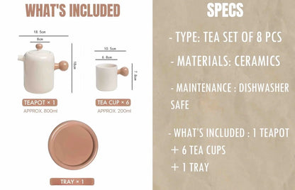Handmade Cute Whimsical Dopamine Creamy Toffee Tea Pot & Tea Cups Set of 8 Pcs